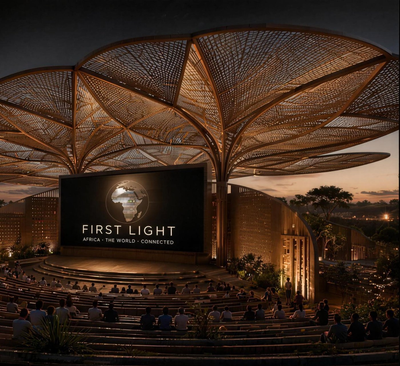 The First Light Theatre — a woven-canopy open-air cinema glowing at dusk, audience seated before the screen